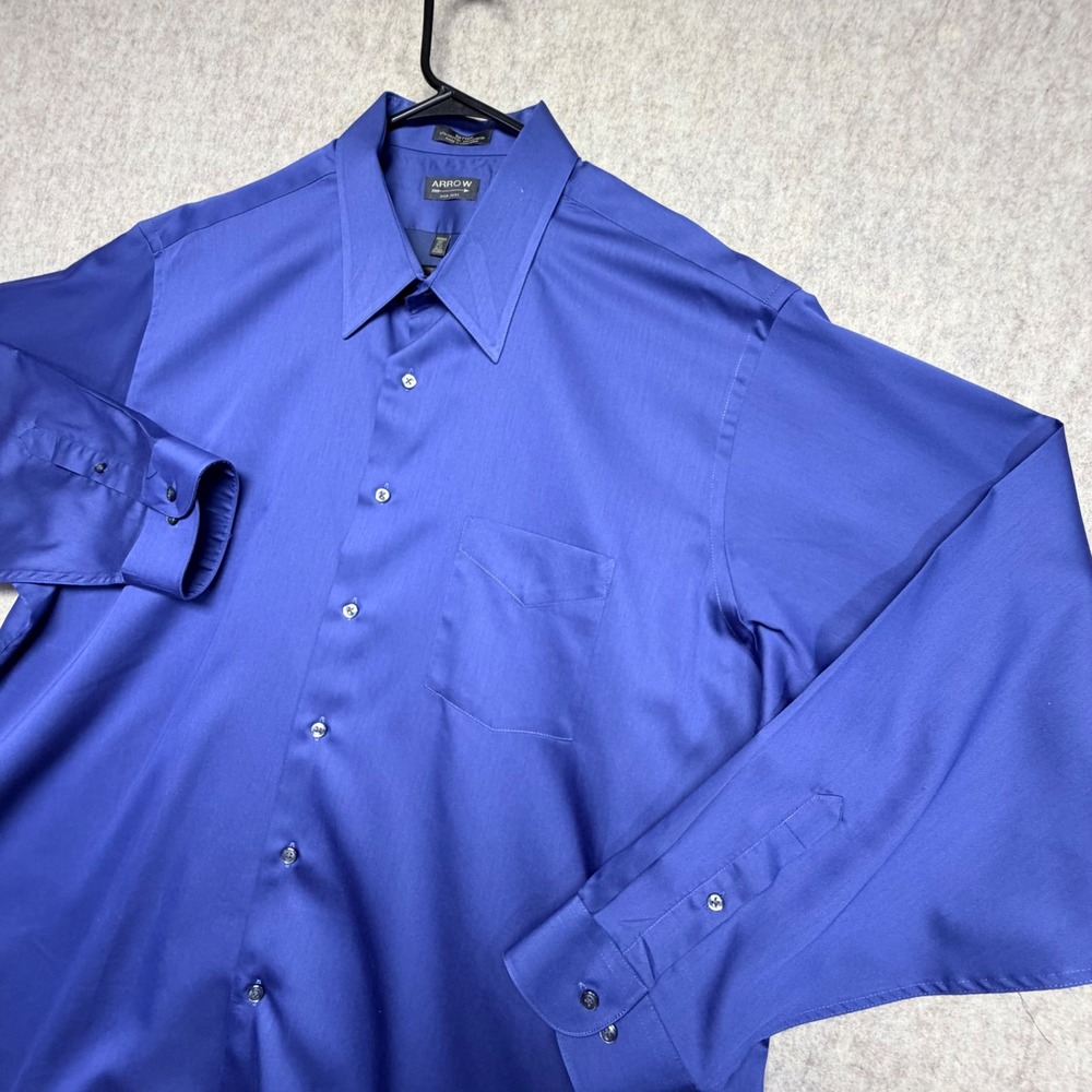 Arrow Dress Shirt Mens XXL Blue Sateen Wrinkle Free Long Sleeve Button Up 18.5